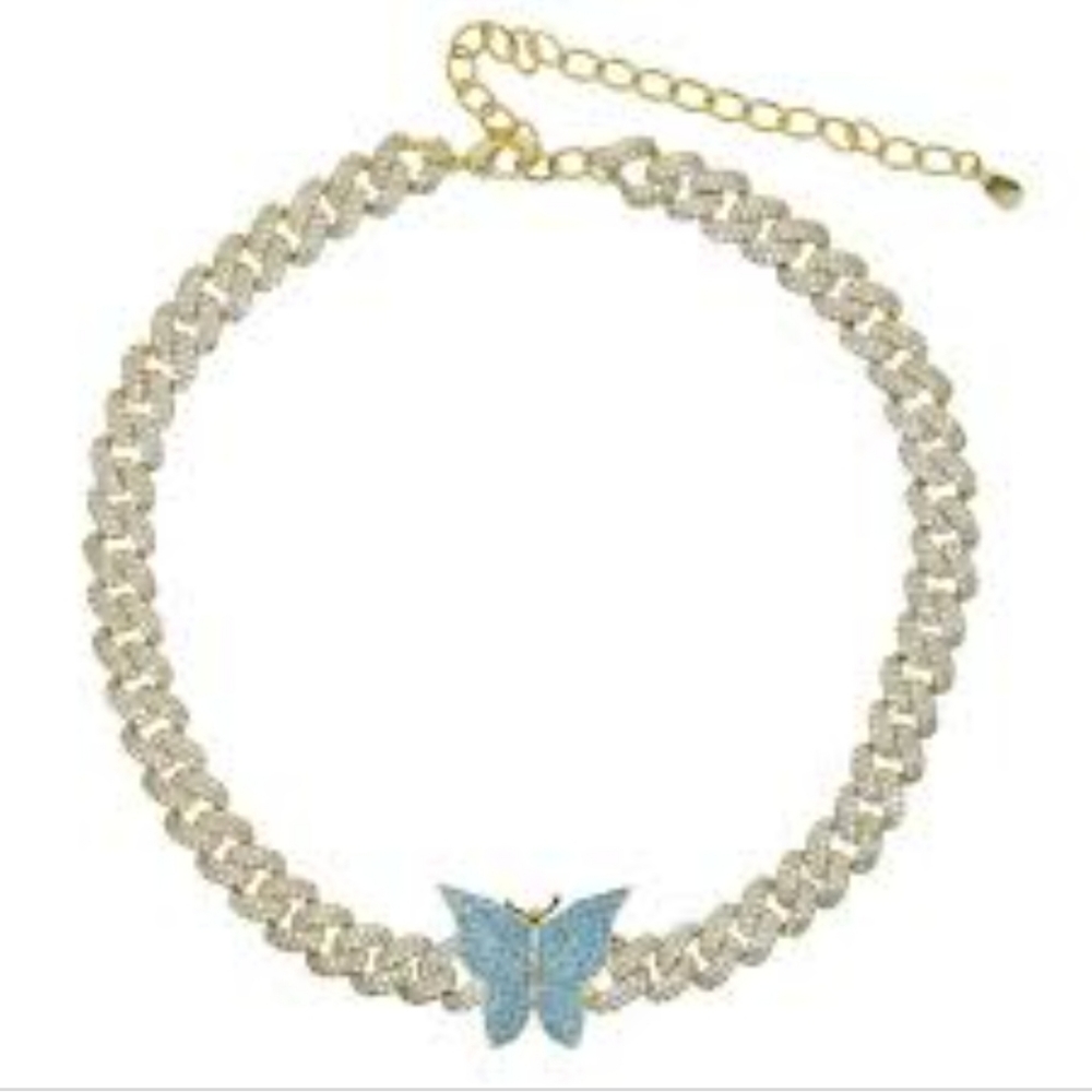 Chvker Blue Cubic Butterfly doaimond Chain Necklace, New